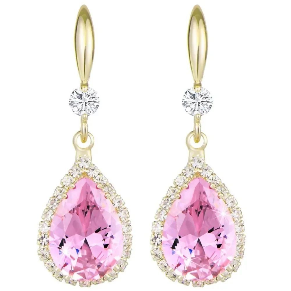 14K Yellow Gold with Pink Sapphire Cubic Zirconia Teardrop Hook Dangle Earrings